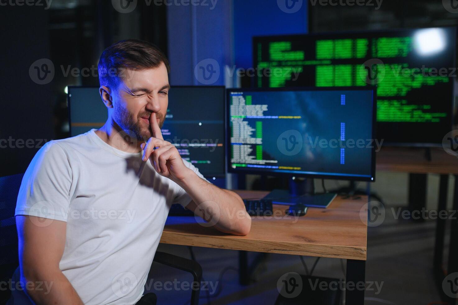 IT technician person with technology for typing code, future and data analytics photo