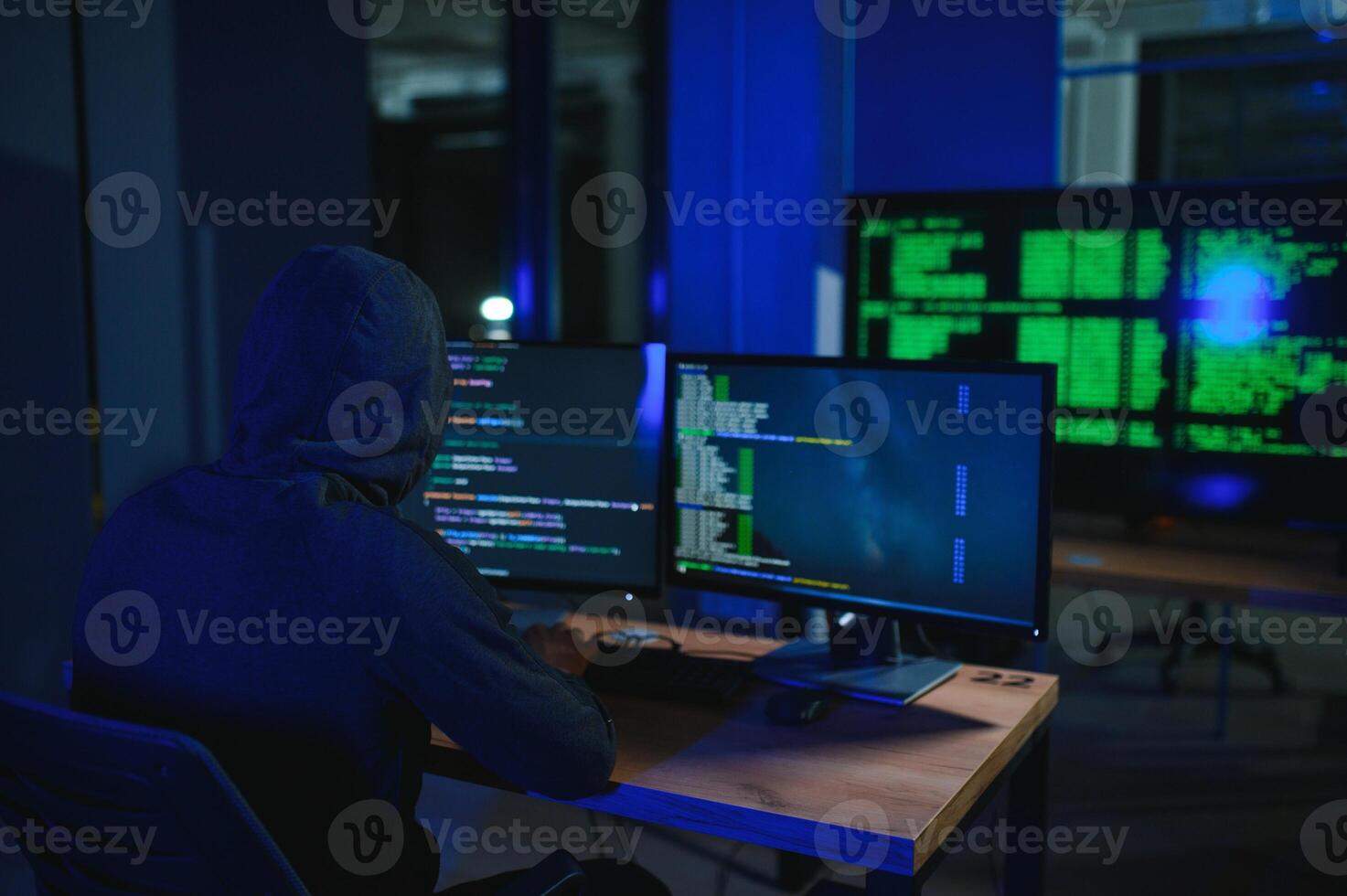 Programmer or computer hacker typing code photo