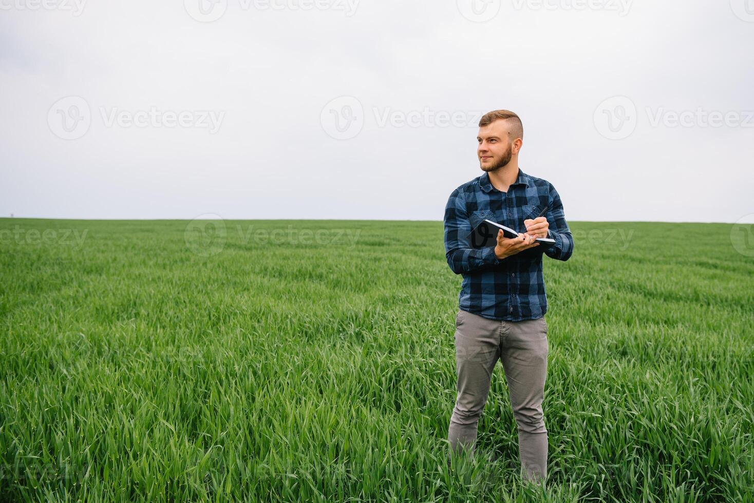 Young agronomist holds notebook in green wheat field. Agribusiness concept. agricultural engineer standing in a wheat field with a tablet in summer. photo
