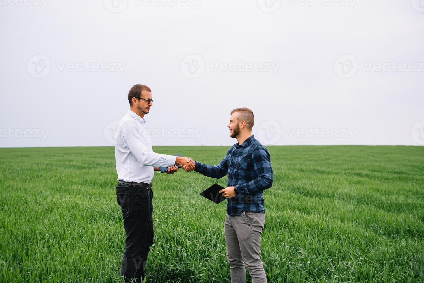 Two farmer standing in a green wheat field and shake hands photo
