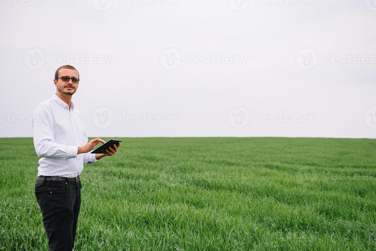 Young agronomist holds tablet touch pad computer in green wheat field. Agribusiness concept. agricultural engineer standing in a wheat field with a tablet in summer. photo