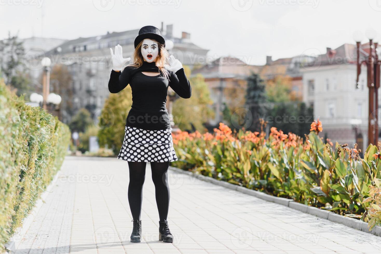 The girl with makeup of the mime. improvisation. mime shows different emotions photo