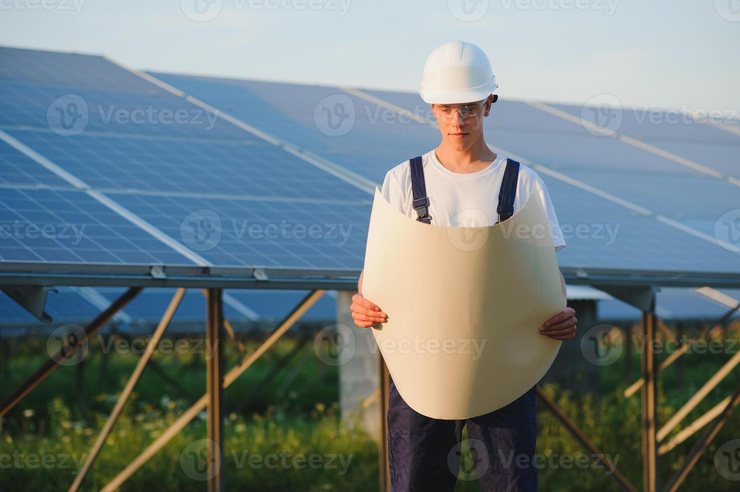 Renewable energy and solar power concept, worker or Electrical engineers are checking and training installing photovoltaic plant in solar power station alternative energy from nature photo