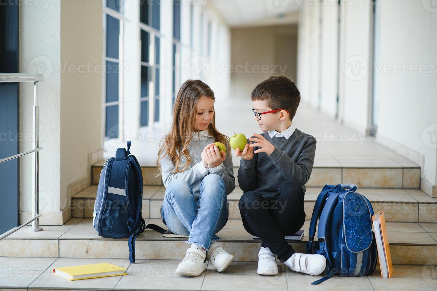 Education is power when selecting food for health. Happy kids take snack break. Nutrition and health education. Healthy eating. Formal education. Private teaching. Education and study photo