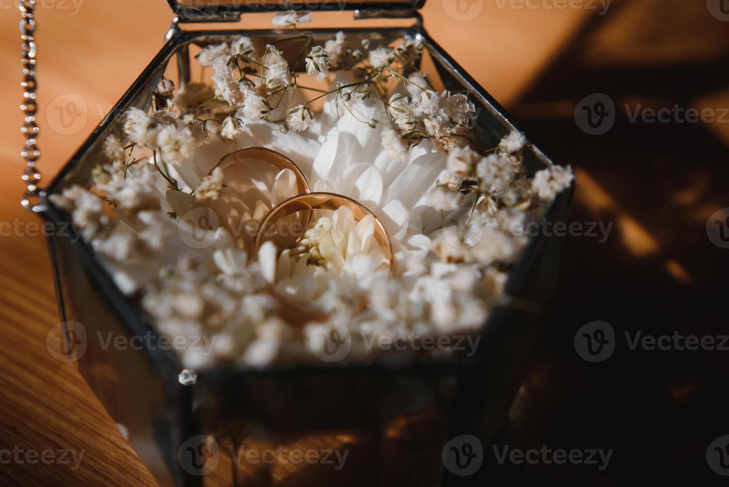 Elegant wedding rings for the bride and groom on a black background with highlights, macro, selective focus. photo