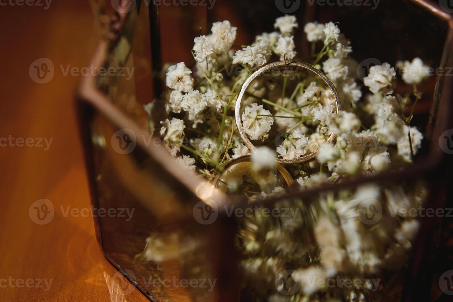Elegant wedding rings for the bride and groom on a black background with highlights, macro, selective focus. photo