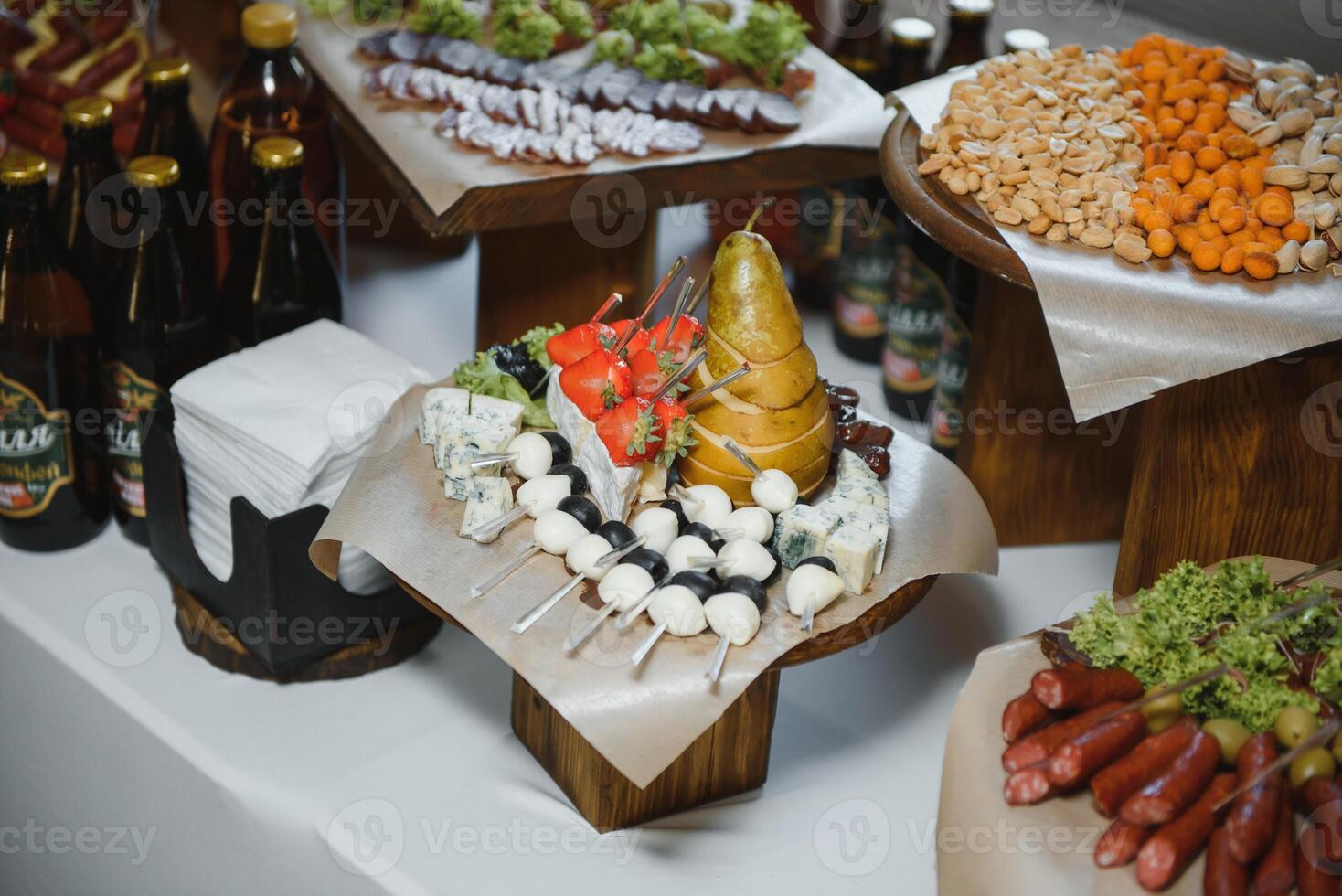 various dessert with fresh fruit on buffet line, sweet. photo