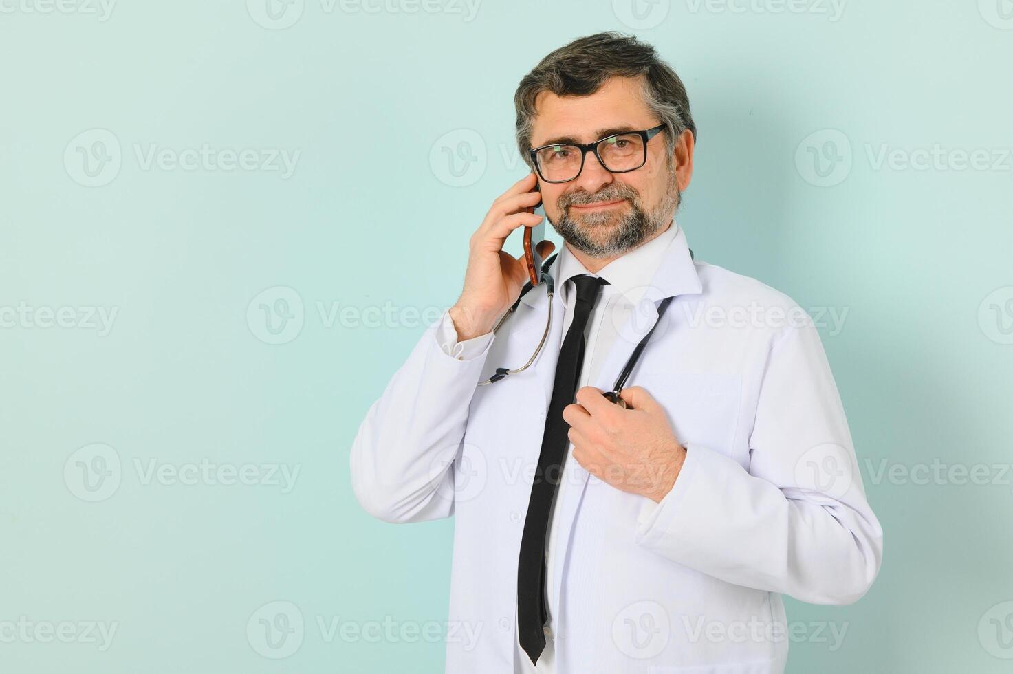 doctor ready to help patients with health problems, isolated on blue background with copy space photo