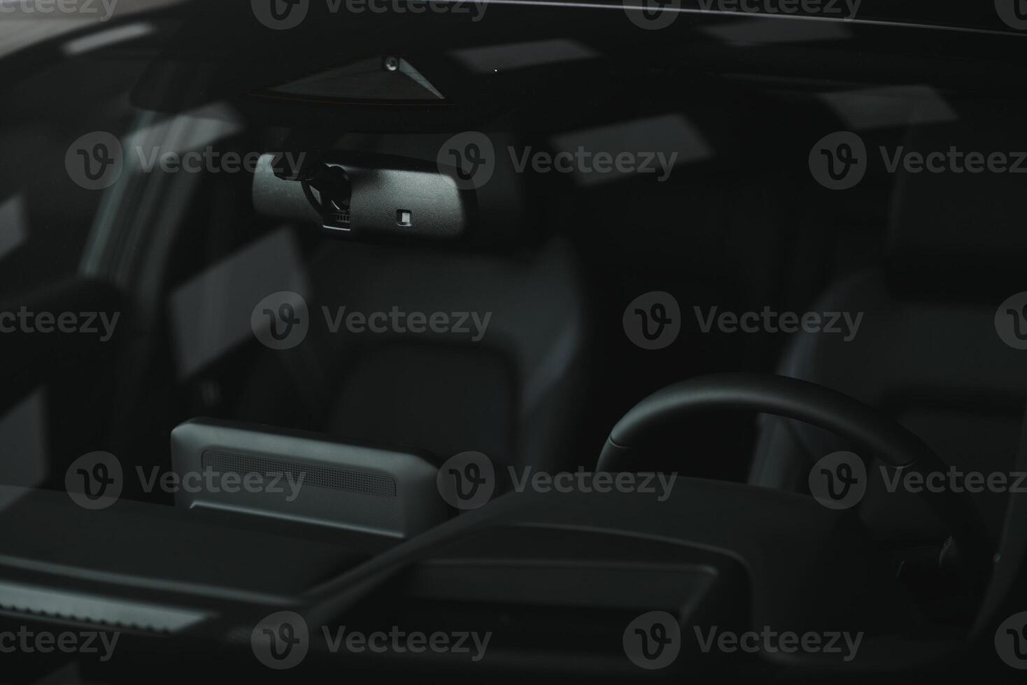Luxury car Interior - steering wheel, shift lever, dashboard and touch screen photo