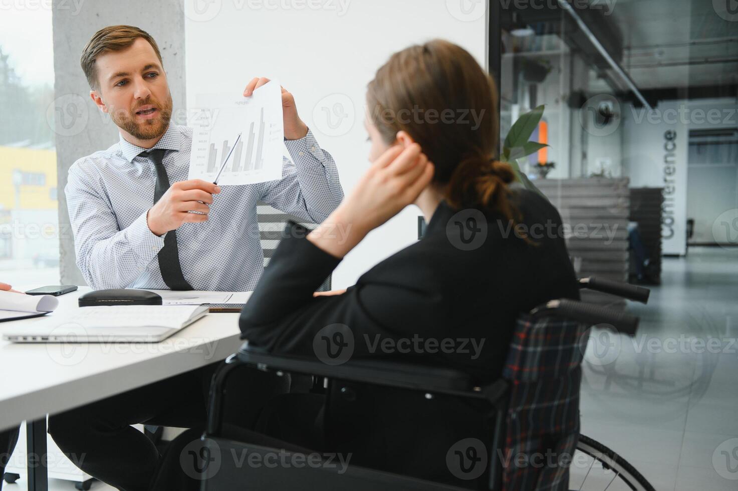 Corporate business team and manager in a meeting room at modern office with panoramic windows. Business concept photo