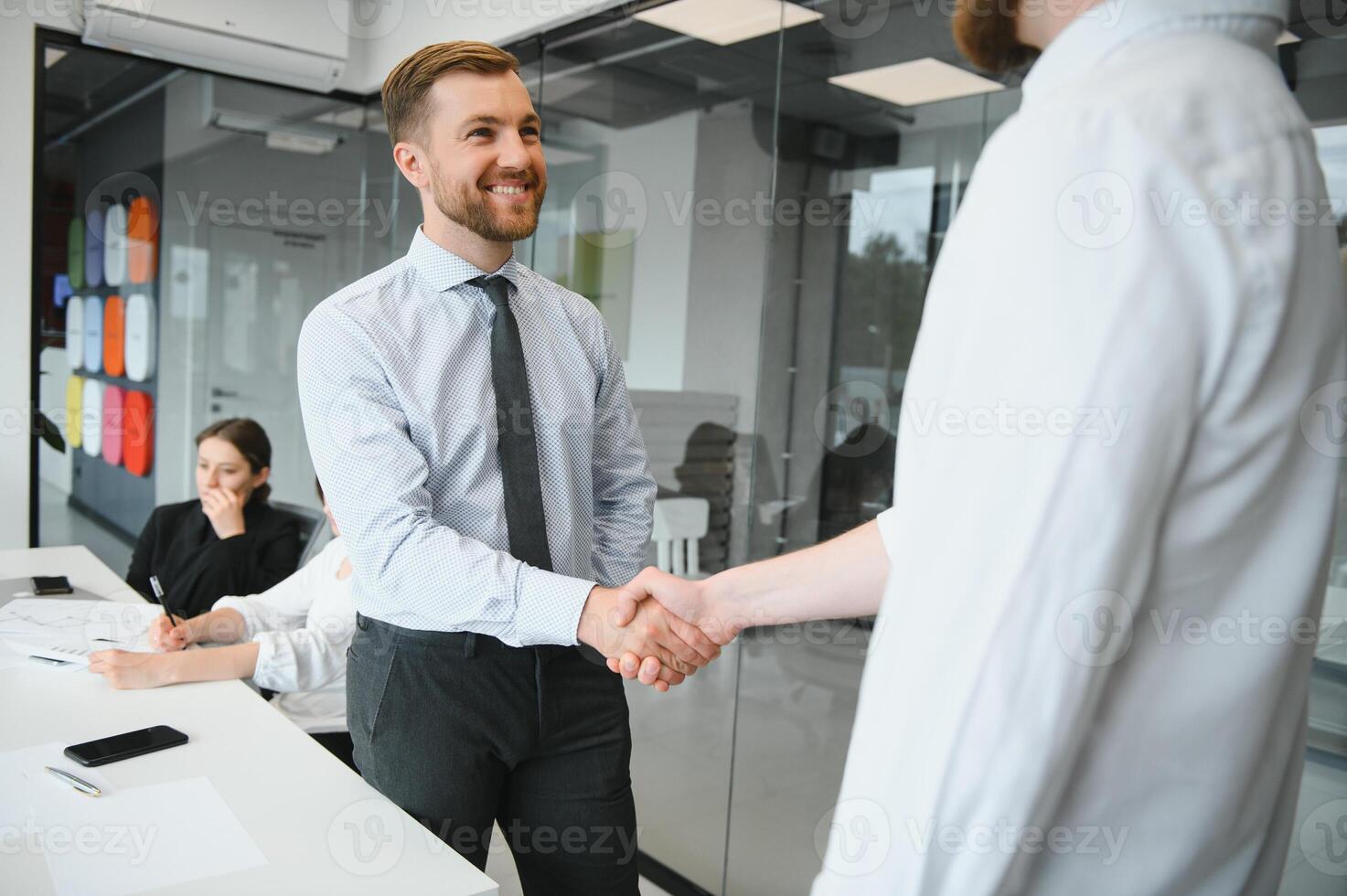 Smiling male business partners negotiators handshake start group office negotiation, company representatives welcoming shake hands at meeting getting acquainted expressing respect make financial deal photo