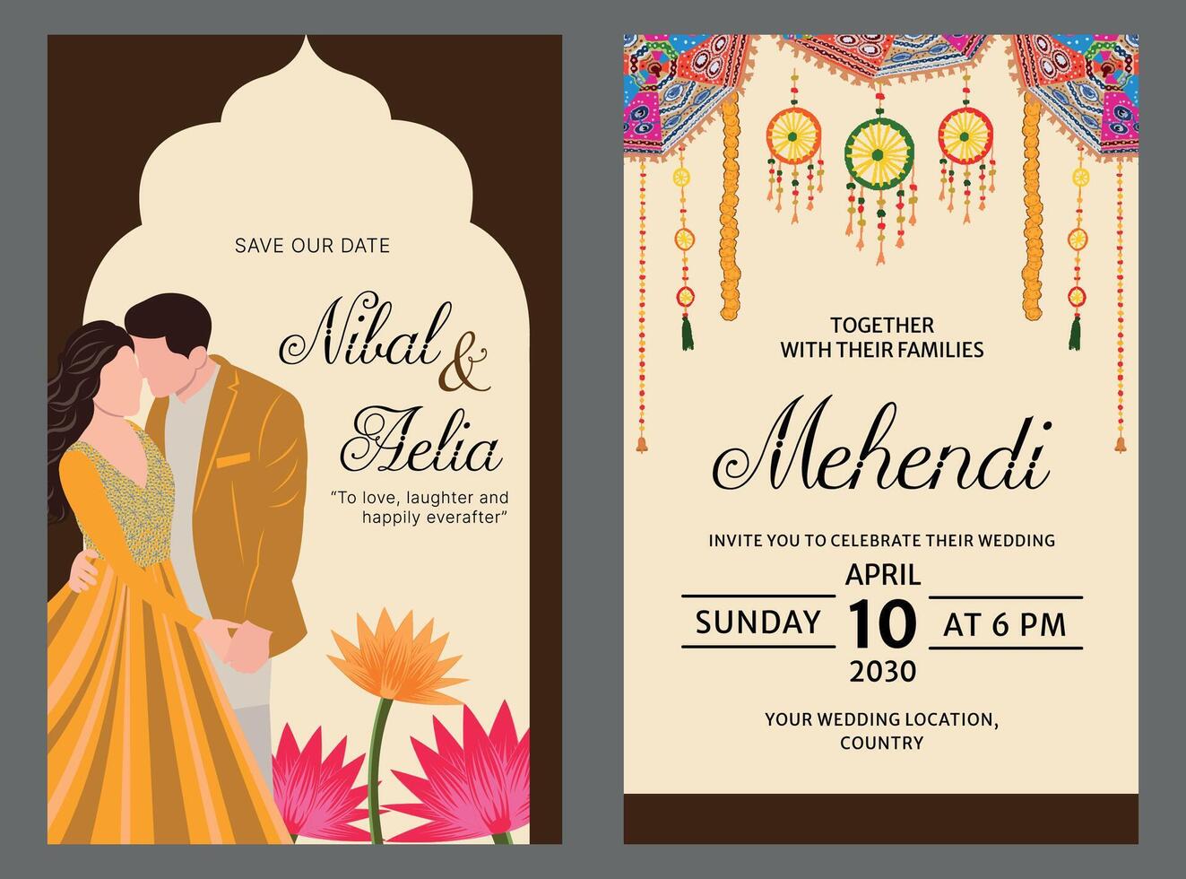 hindu wedding card design, mehndi, unique hindu wedding card design, shubh vivah, save the date, Hindu Couple vector