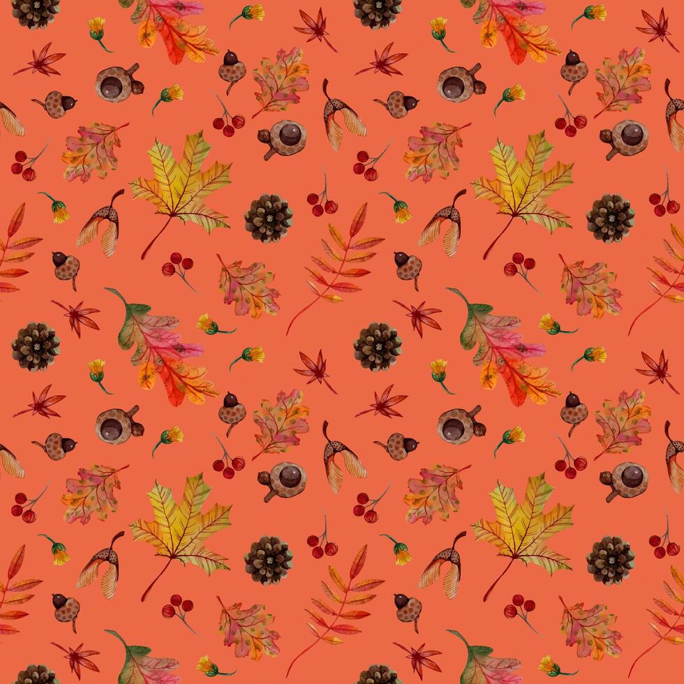 seamless pattern autumn elements orange maple oak rowan leaves cones acorns samara on range background vector