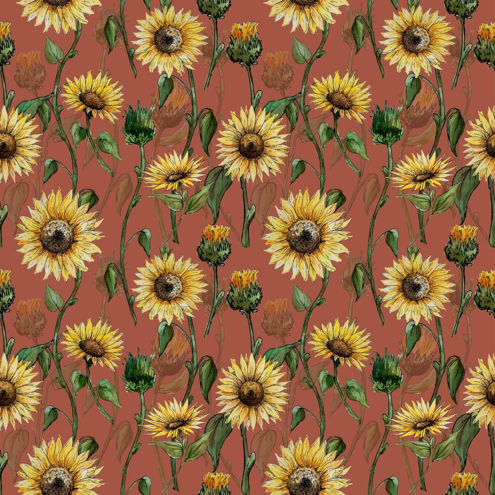 watercolor graphics seamless two-layer pattern of sunflowers flo vector