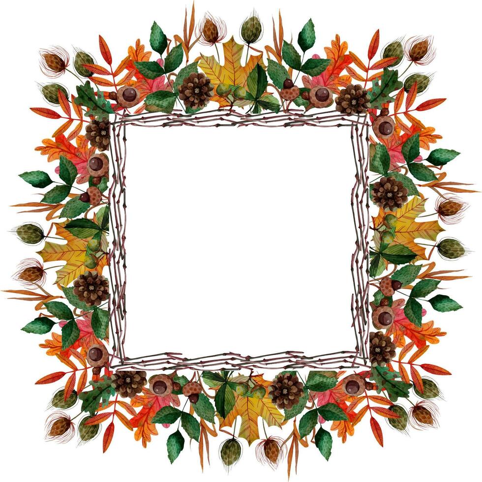 square frame autumn oak, ashberry, maple, rosehip, chestnut leaves and burdock, bump, acorn, branches vector