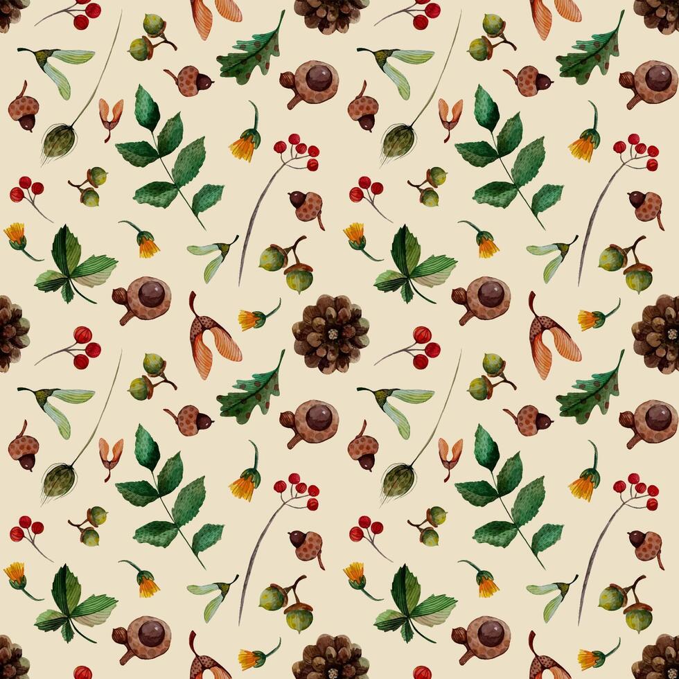 seamless pattern autumn leaves rosehip chestnut leaf cones acorns samara on a beige background vector