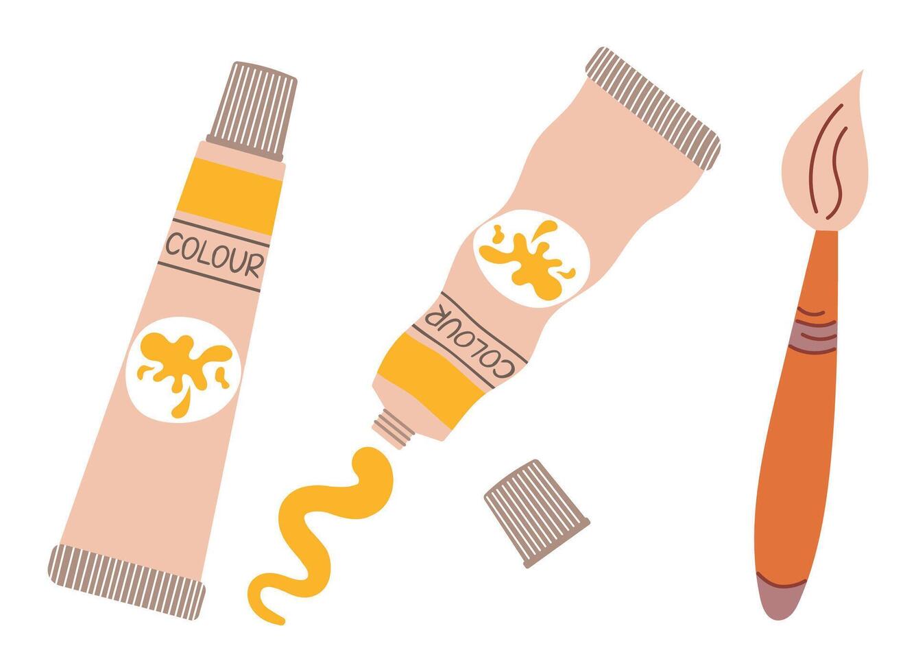 Art supplies for painting. Tube of paint, brushes, brush strokes. Back to school. Oil paint. Flat style vector