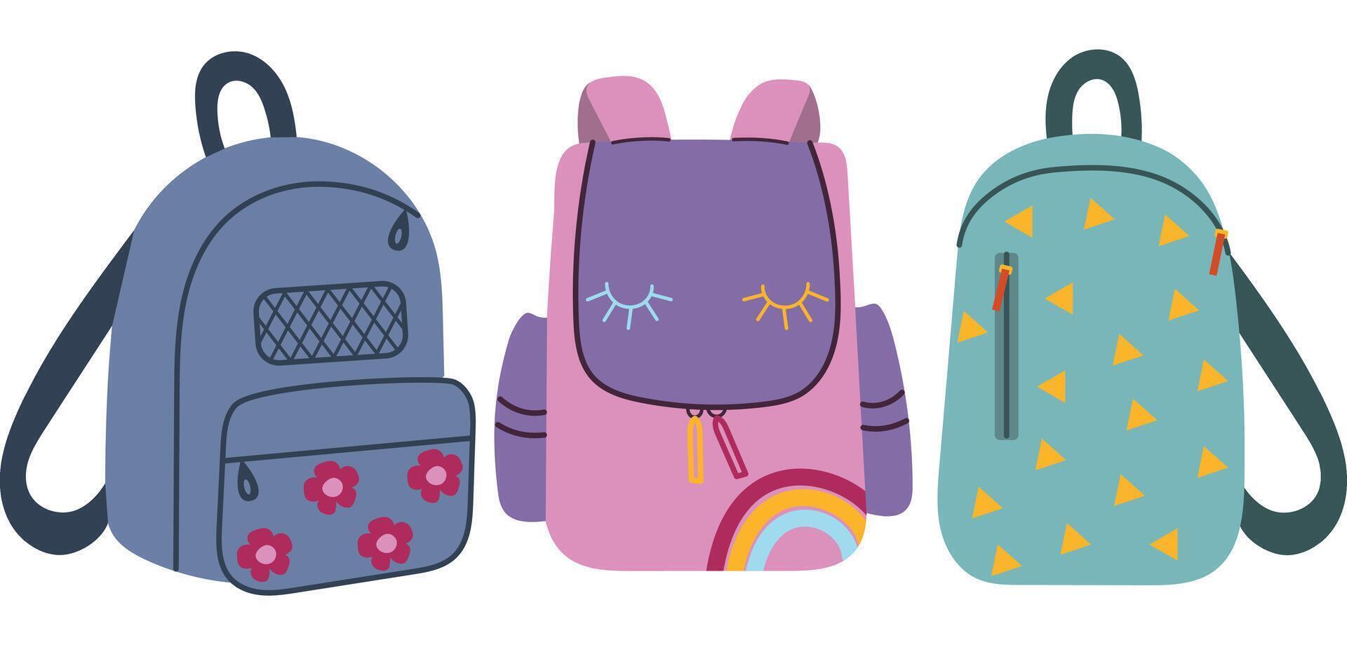 School backpacks set. Back to school. Colourful children's backpacks , isolated on white background. vector