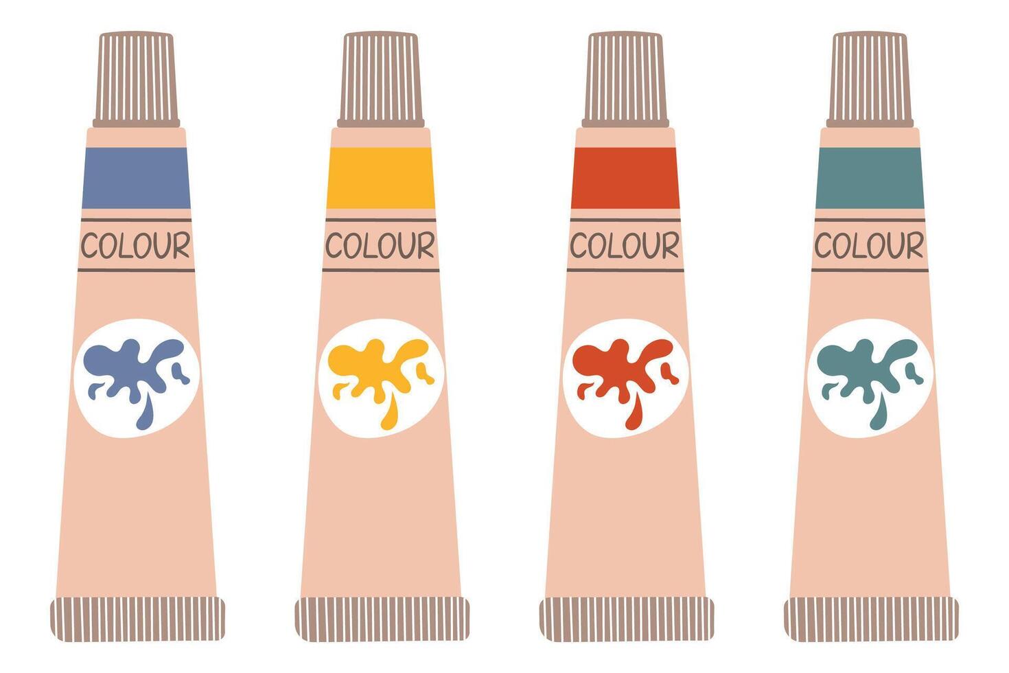 Paint tubes funny set, oil paint, acrylic, gouache or watercolour. Trendy modern illustration, isolated on background, hand drawn, flat vector