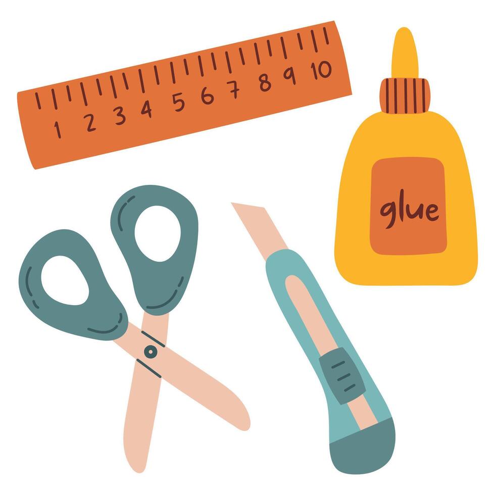 Cute flat stationery set. Scissors, ruler, box cutter, glue. Back to school. Trendy modern illustration, isolated on white, hand drawn vector
