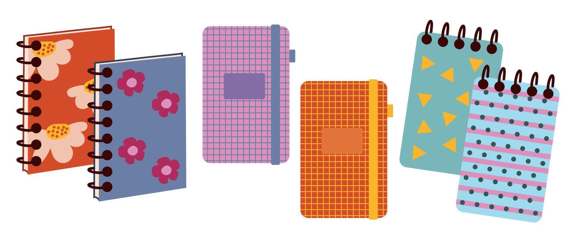 Paper notebooks, diaries, diaries for note taking. Planners, organizers and scrapbooks for plans, notes. Back to school vector