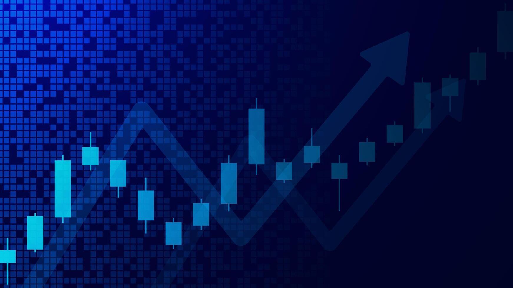 Business candlesticks and up trend on technology blue background. Economic growing graph chart with glowing light. Stock market, forex trading and financial investment vector