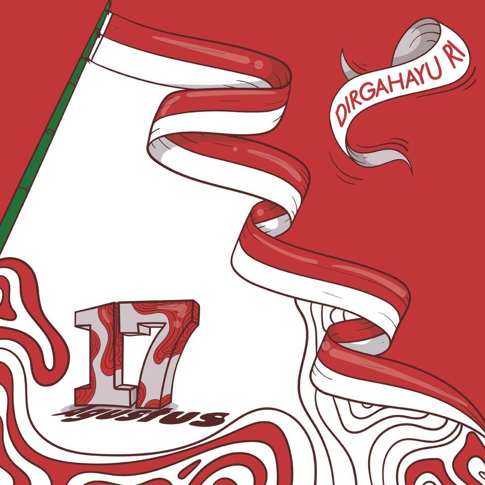 Typography number of 17 in red white texture hand drawn design with waving long indonesian flag. white banner with dirgahayu RI text means is long live republic Indonesia. Agustus means is August vector