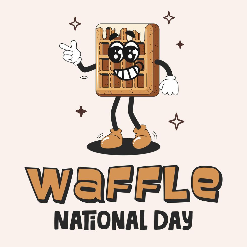 National waffle day banner template. Groovy waffle character in retro style. Holiday concept. Sweets mascot character. Design for background, banner, placard, card, and web. Bakery pastry product vector