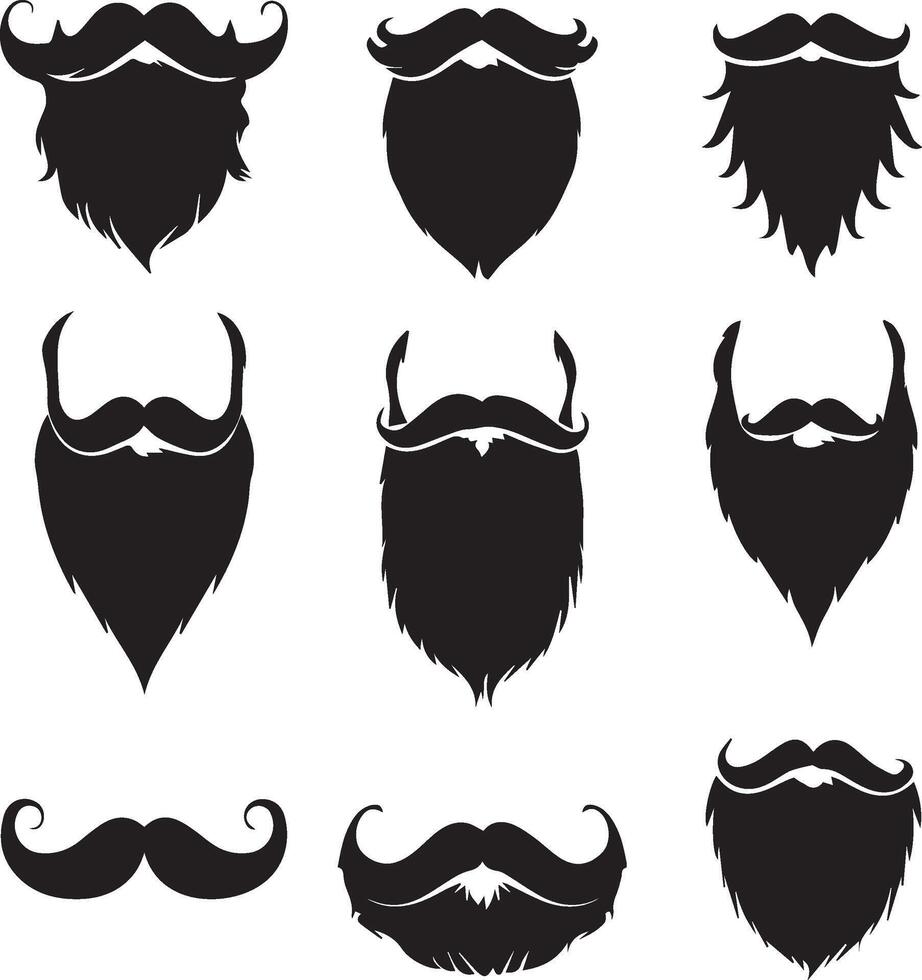 Set of beard and mustache silhouette on white background vector