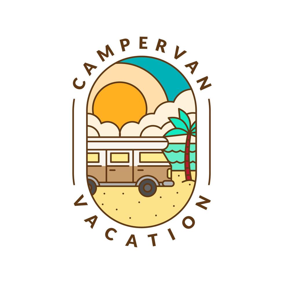 beach and campervan badge monoline or line art style illustration vector