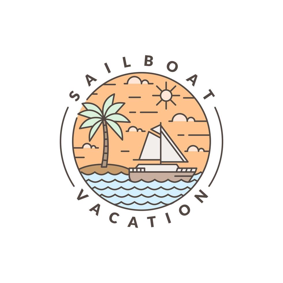 illustration of sailboat and ocean monoline or line art style vector
