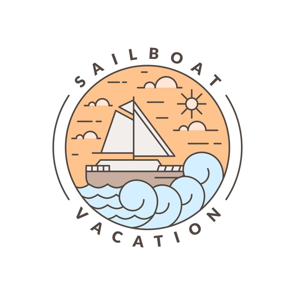 illustration of sailboat and ocean monoline or line art style vector
