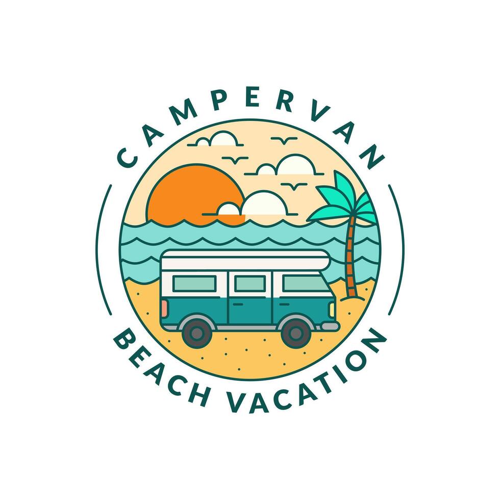 beach and campervan badge monoline or line art style illustration vector