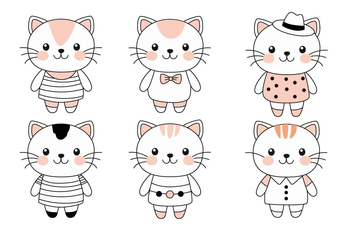 Cute kawaii kitten in clothes on a white background. vector