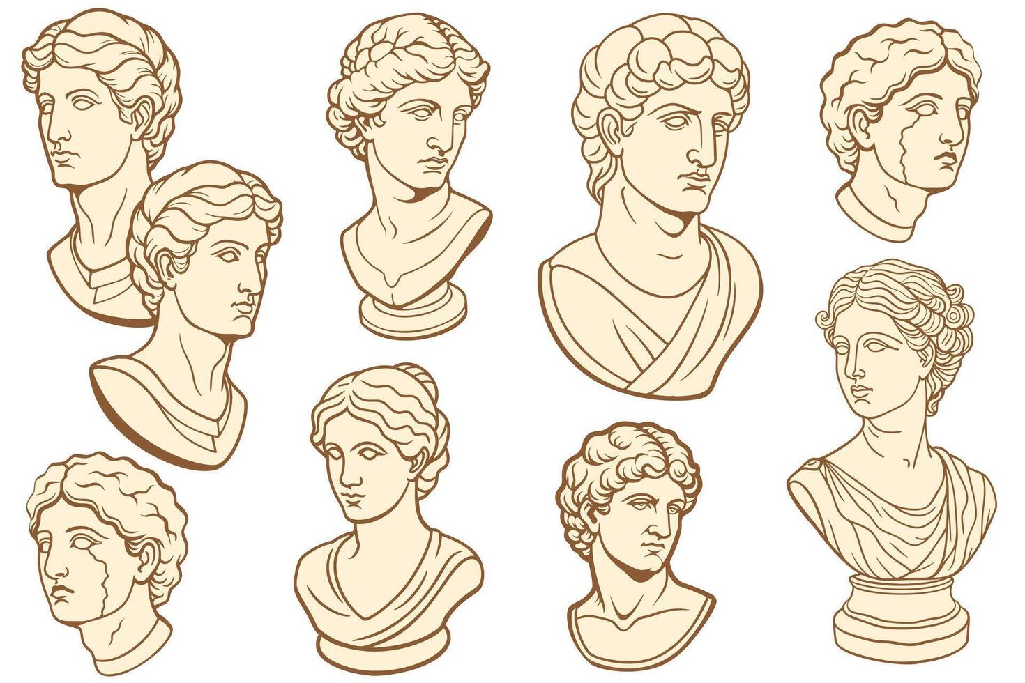 Set of plaster bust of Greek gods. Female and male bust. Sculpture. vector