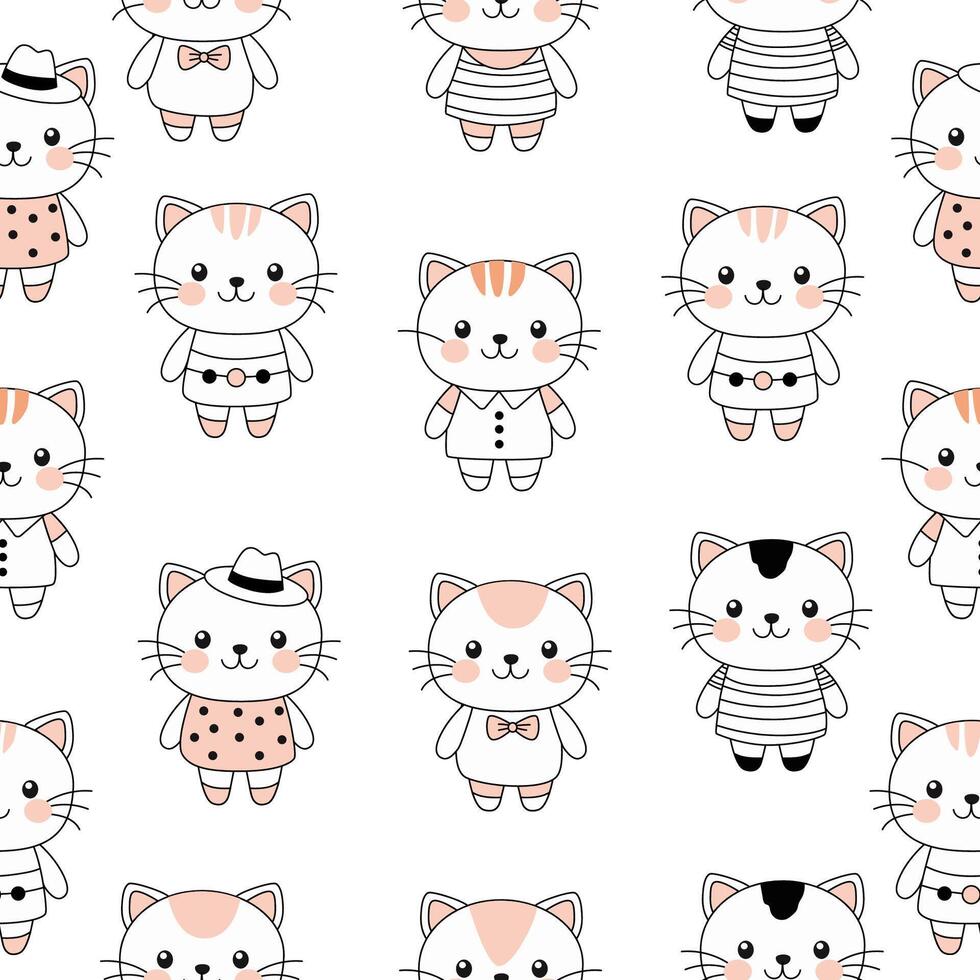 Cute kawaii kitten in clothes pattern on a white background. vector