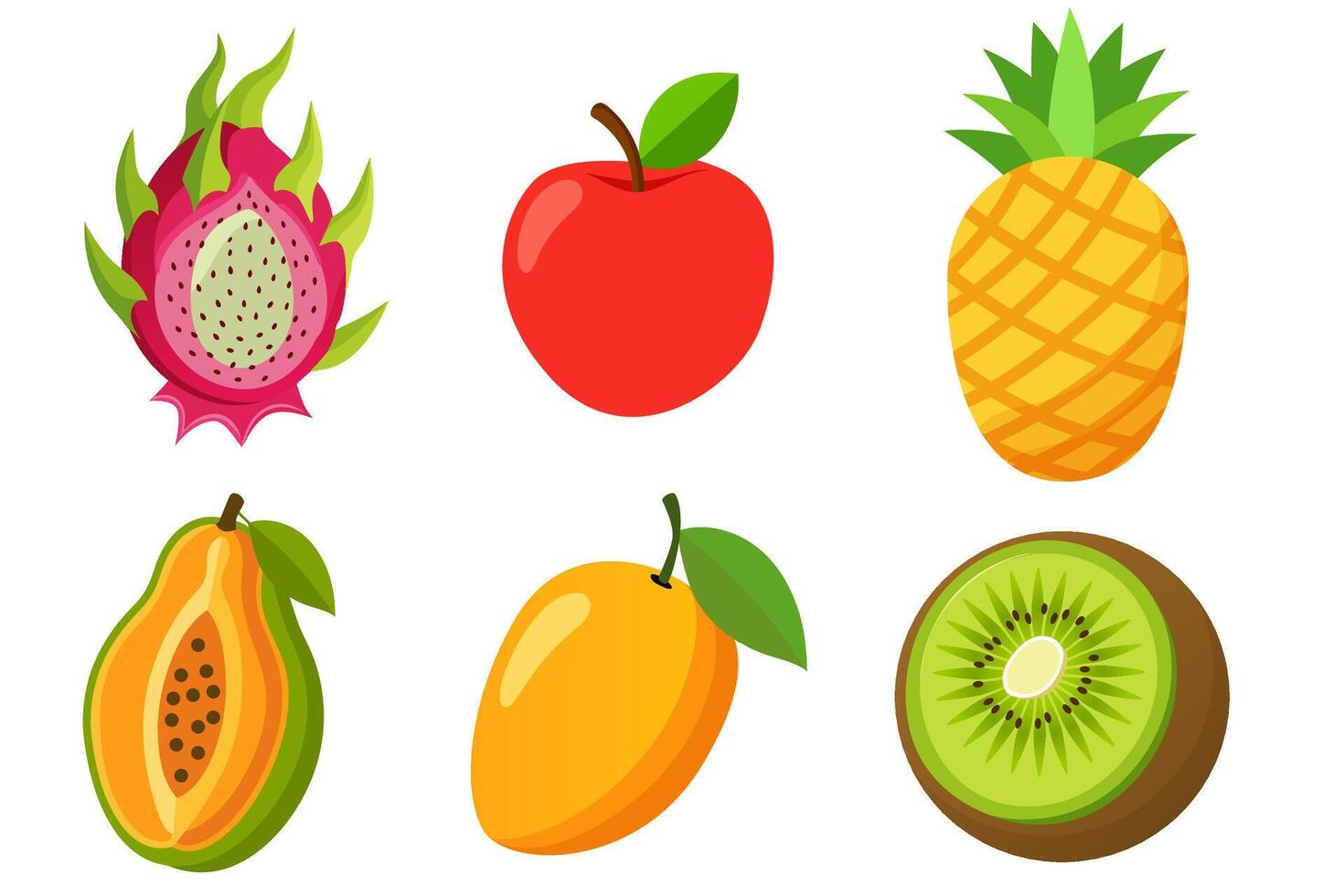 Set of fruits on a white background. Dragon fruit, apple, papaya, mango, pineapple, kiwi vector
