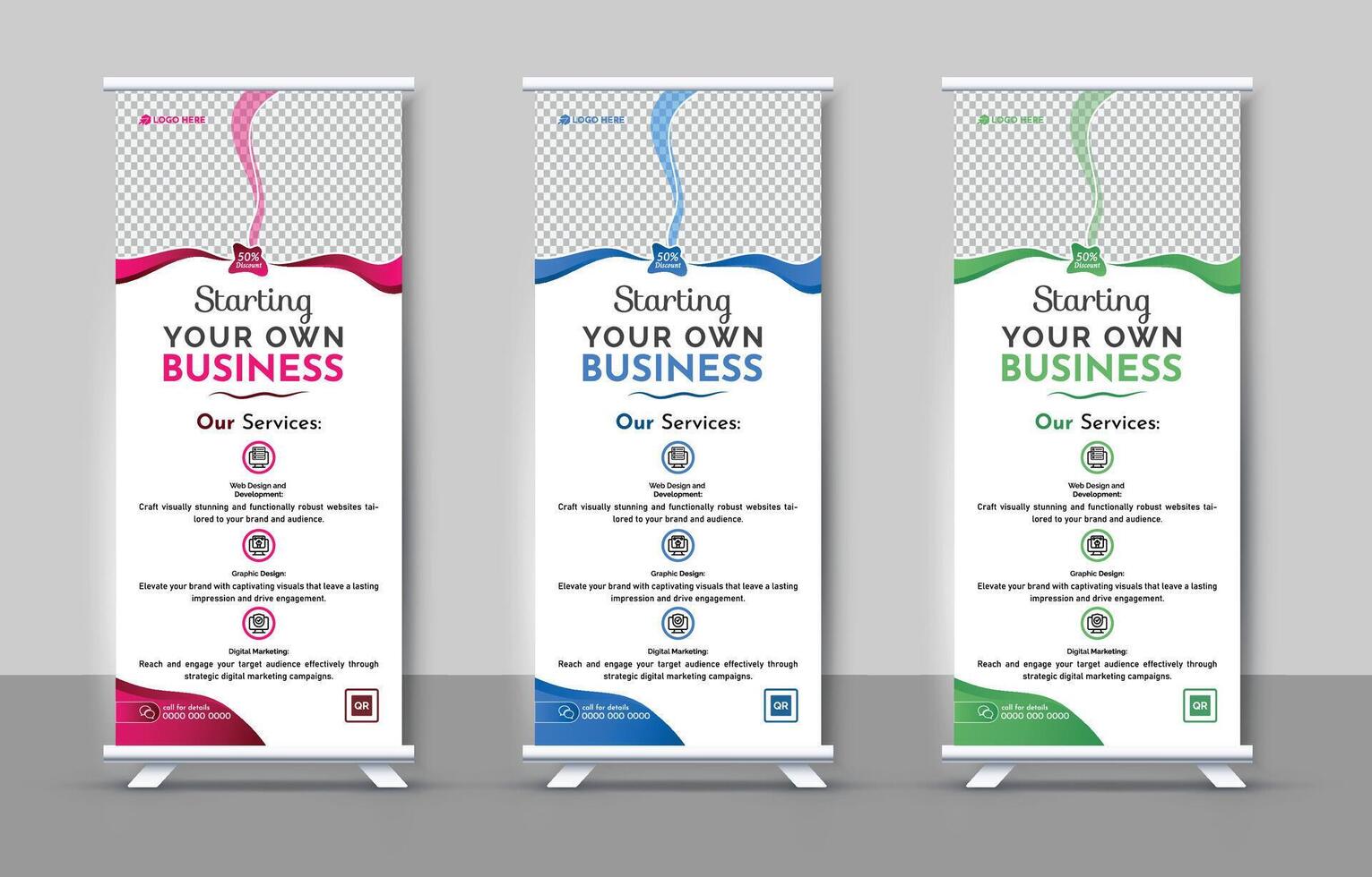 Professional Roll-Up Banner Design, Modern banner Templates with Stylish Color Schemes, advertisement, display, and exhibition. vector