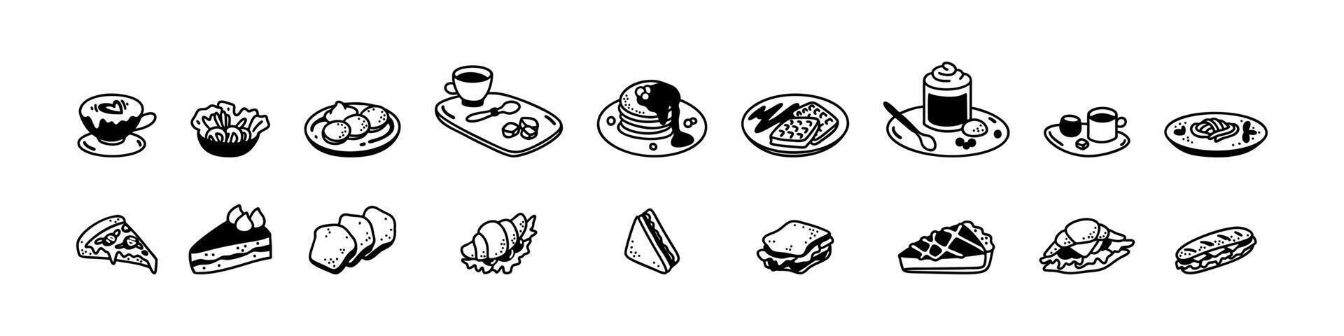 Minimalist breakfast design elements. Boho menu food set. Brunch, lunch, dinner hand drawn elements. Doodle sketch drawing. Coffee aesthetic. Modern cafe brasserie concept. Boho style meal vector