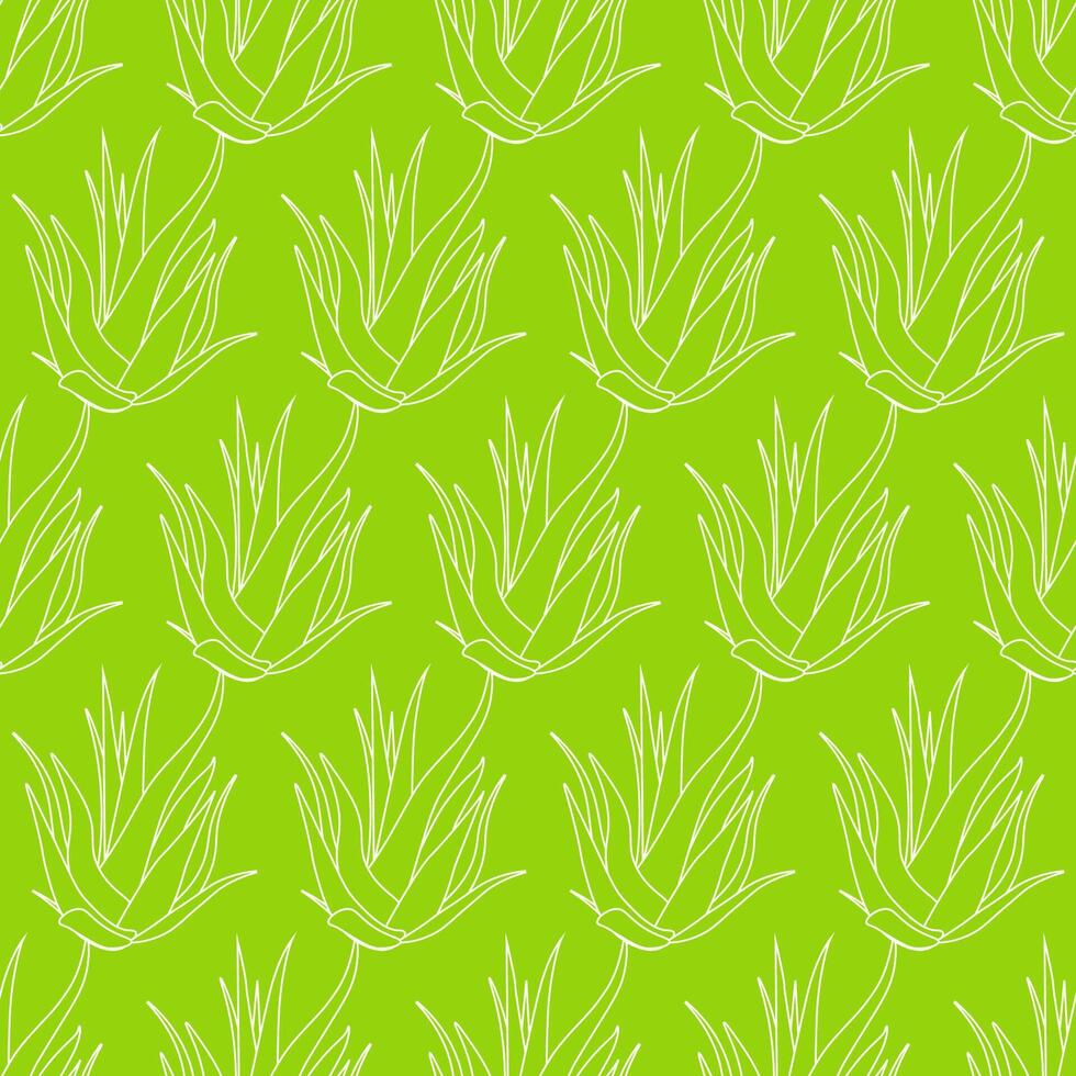Green seamless pattern of Aloe vera plants in outline on a green background vector
