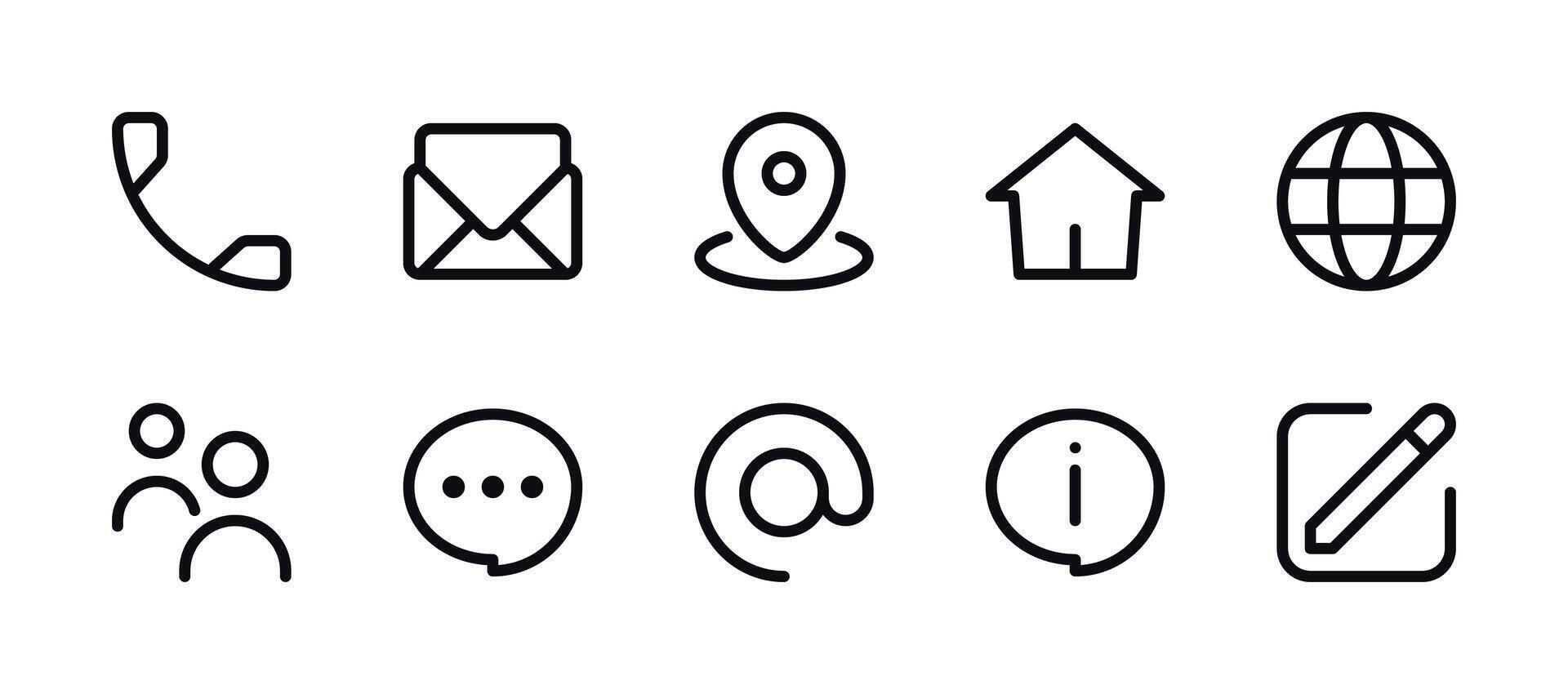 Contacts Icon Set - Envelope, Placeholder, Chat Bubble, Info, Home Address, Globe, Phone Call, User Group, Edit vector