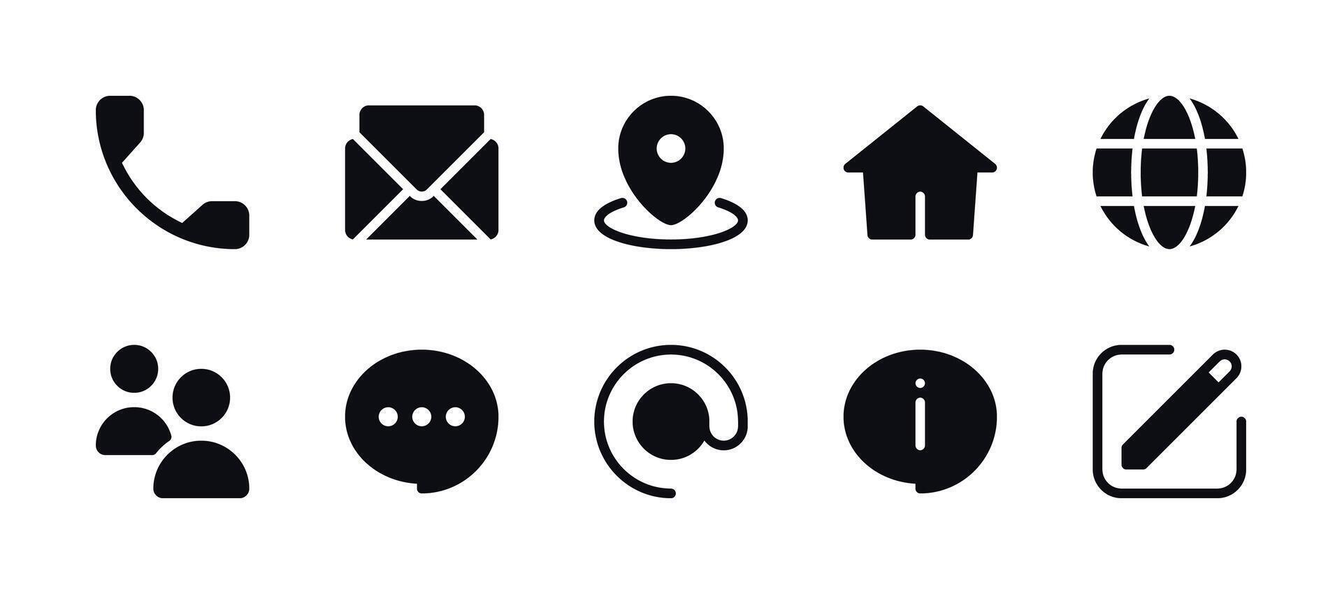 Contacts Icon Set - Envelope, Placeholder, Chat Bubble, Info, Home Address, Globe, Phone Call, User Group, Edit vector