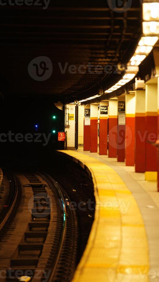 The city subway view with the old platform and lights on in the New York city photo