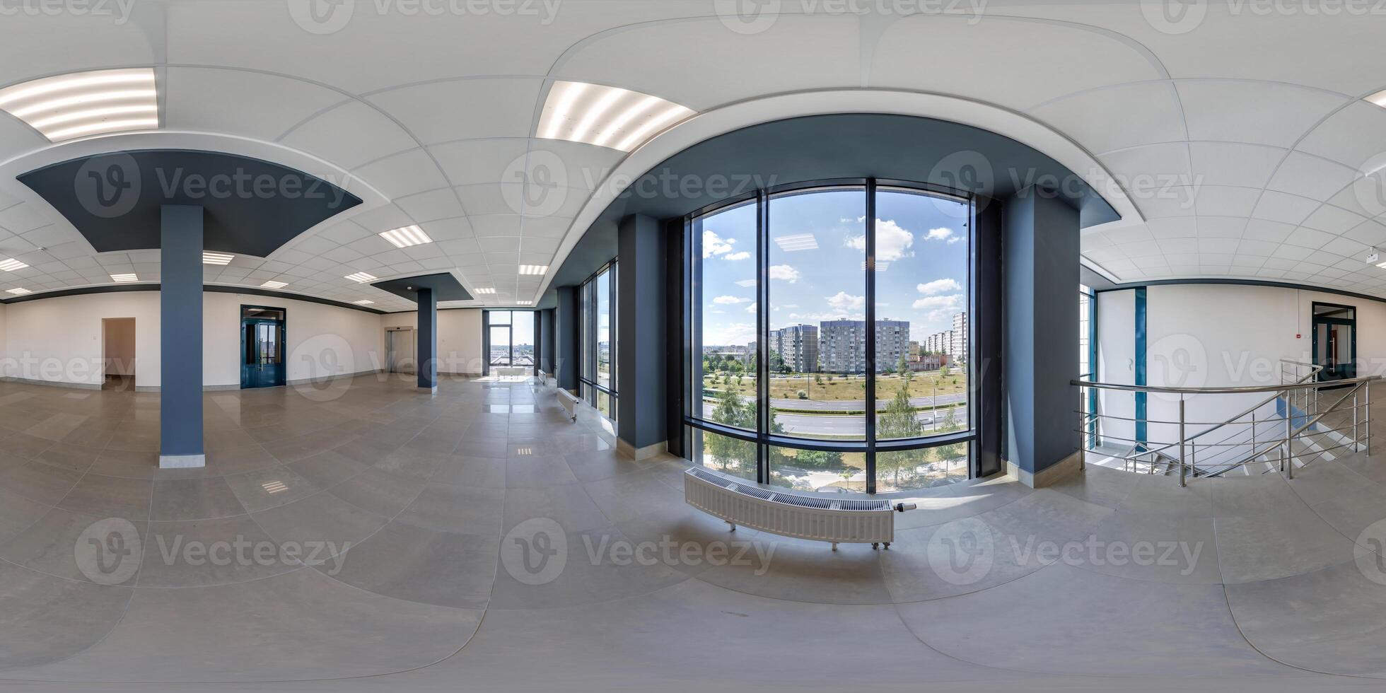 hdri 360 panorama in empty modern hall with columns, doors and panoramic windows in full seamless spherical equirectangular projection, ready for AR VR content photo