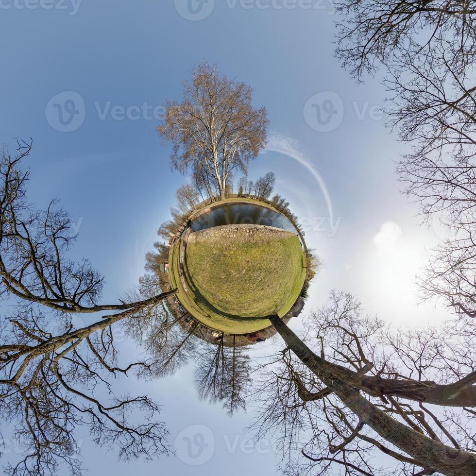 tiny planet transformation of spherical panorama 360 degrees. Spherical abstract aerial view with trees in forest with clumsy branches in blue sky. Curvature of space. photo