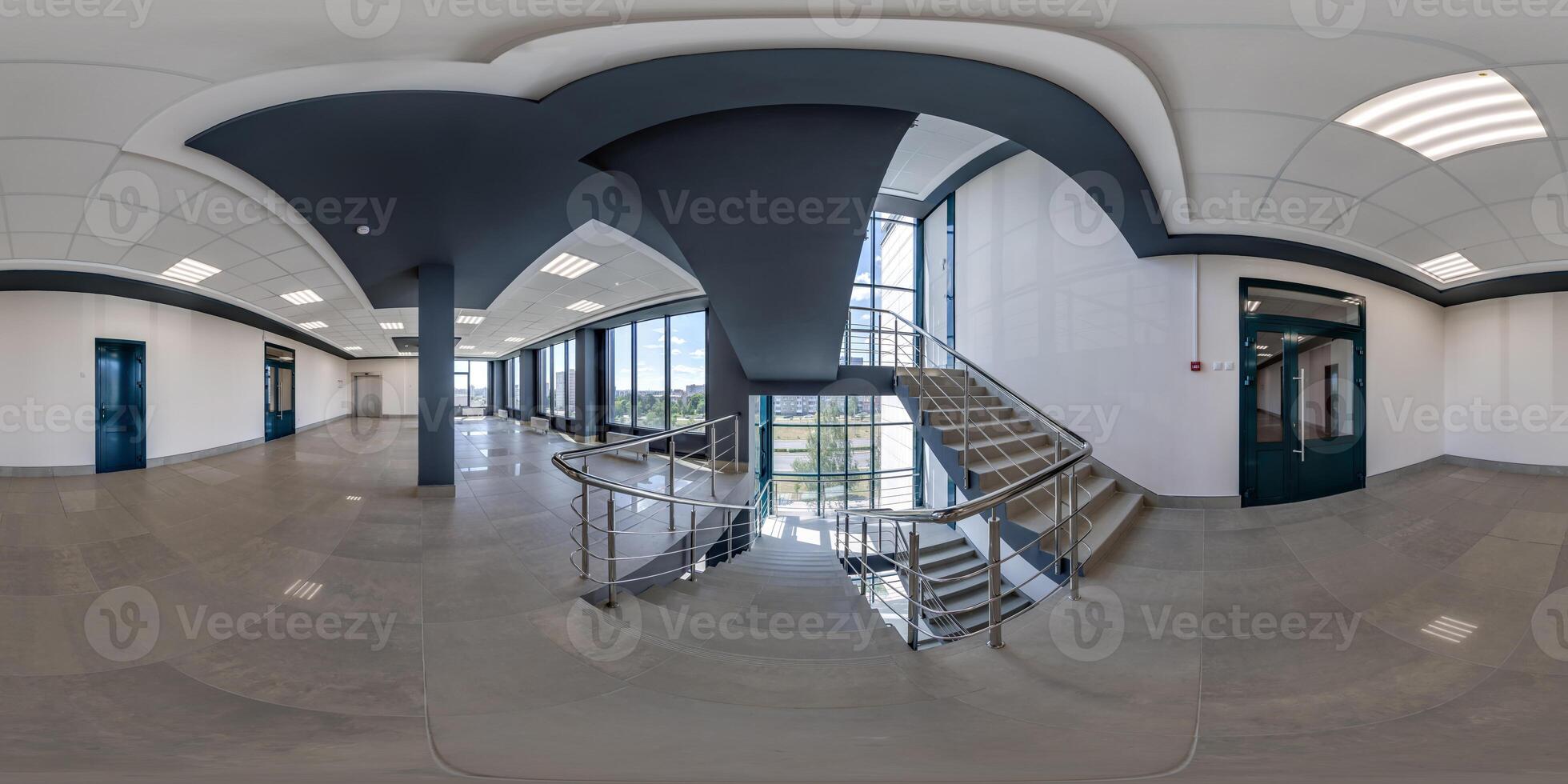hdri 360 panorama in empty modern hall with columns, doors and panoramic windows in full seamless spherical equirectangular projection, ready for AR VR content photo