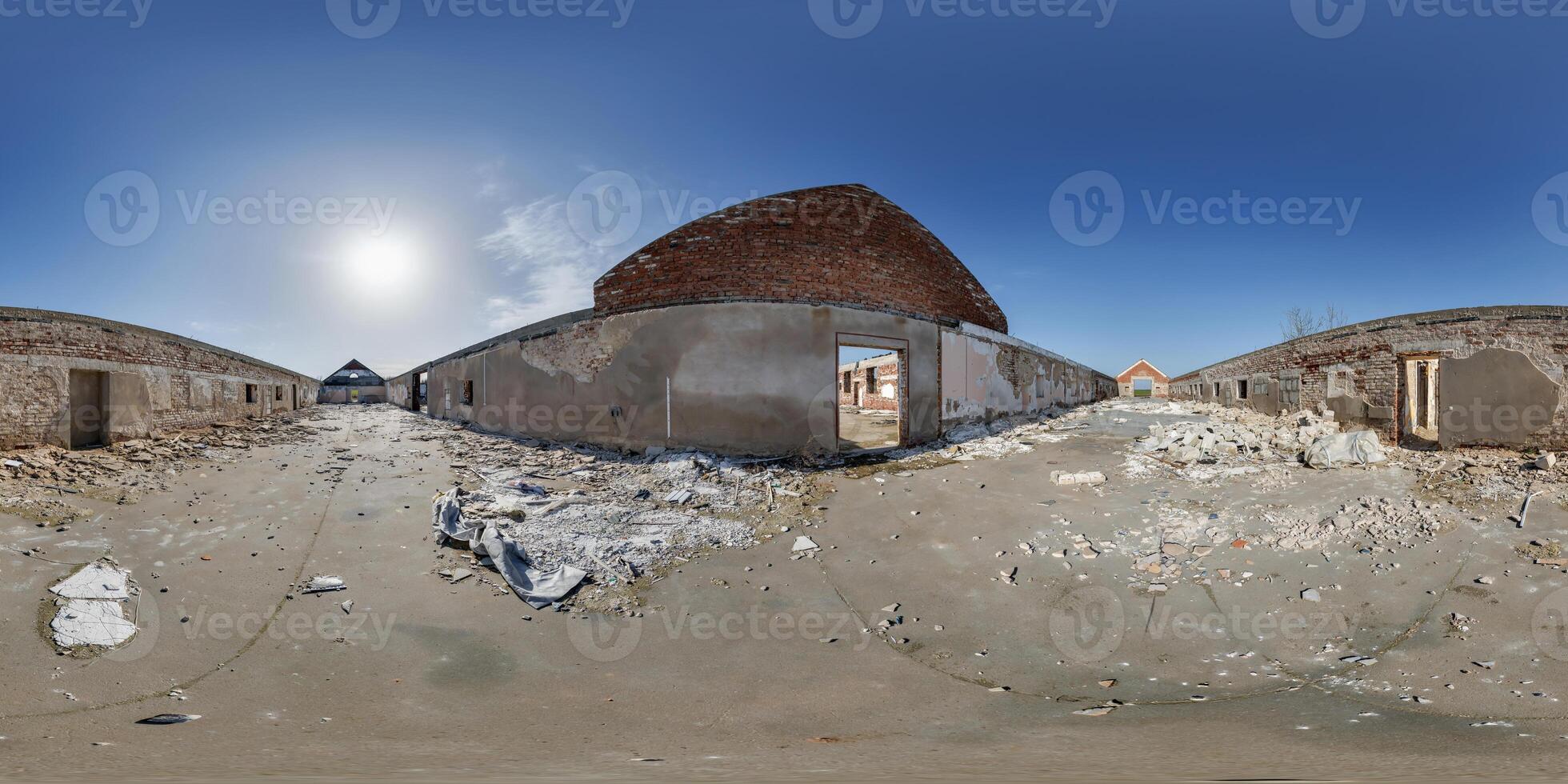 360 seamless hdri panorama inside empty corridor hall or hangar without roof with construction waste of abandoned building in equirectangular spherical projection, ready AR VR content photo