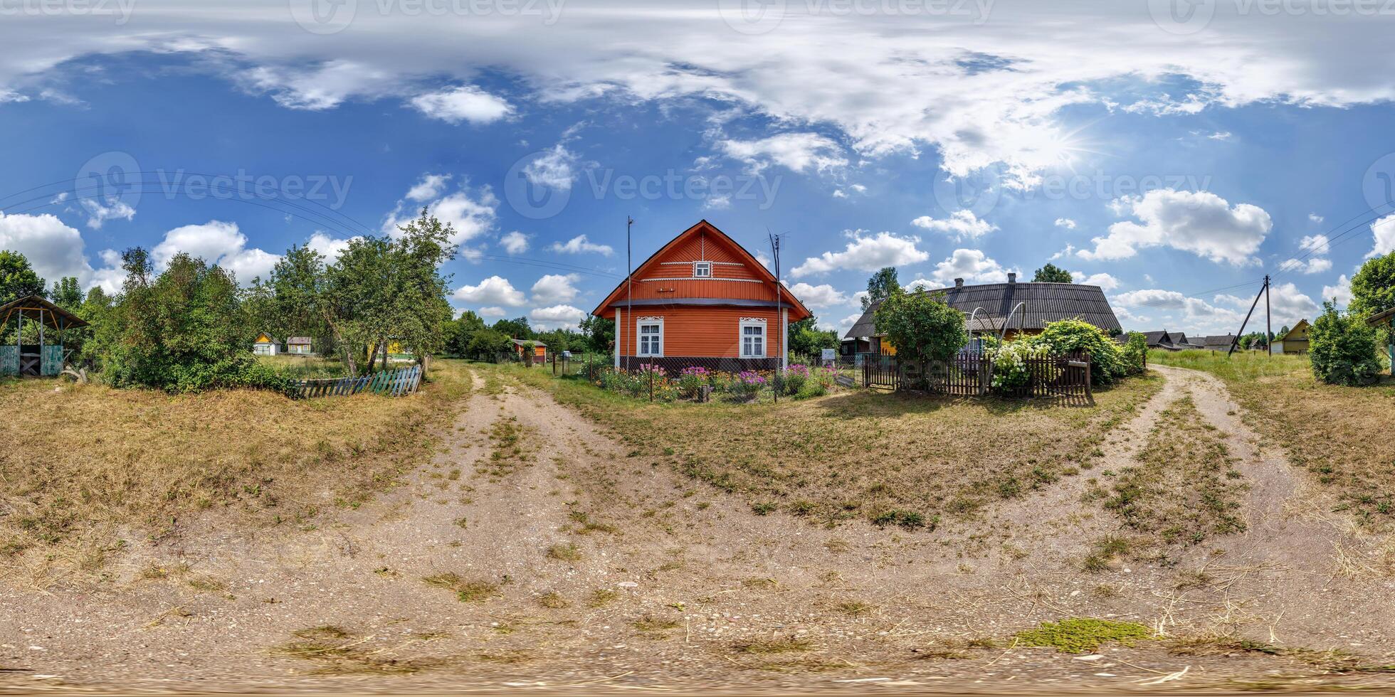 360 hdri panorama near wooden home or homestead building in forest in full seamless spherical equirectangular projection, ready AR VR virtual reality content photo