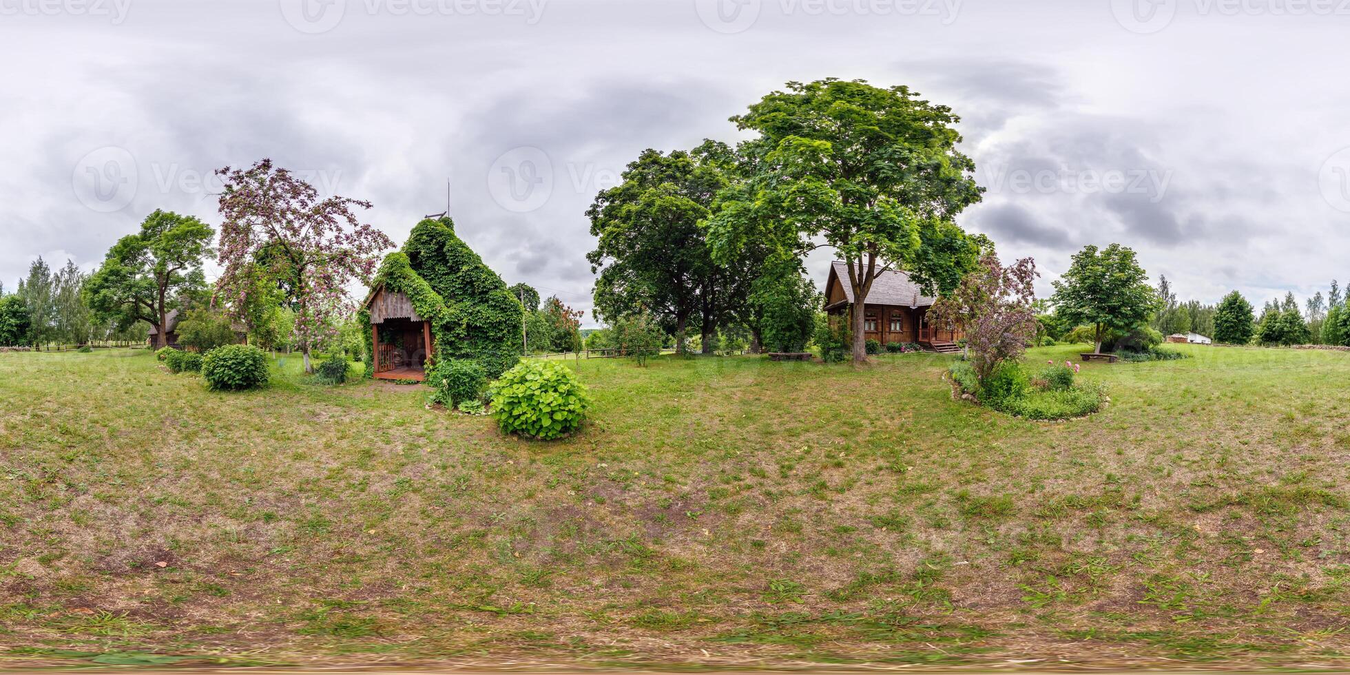 full seamless spherical hdri 360 panorama near wooden homestead house in rainy weather in equirectangular spherical projection with zenith and nadir. for VR content photo