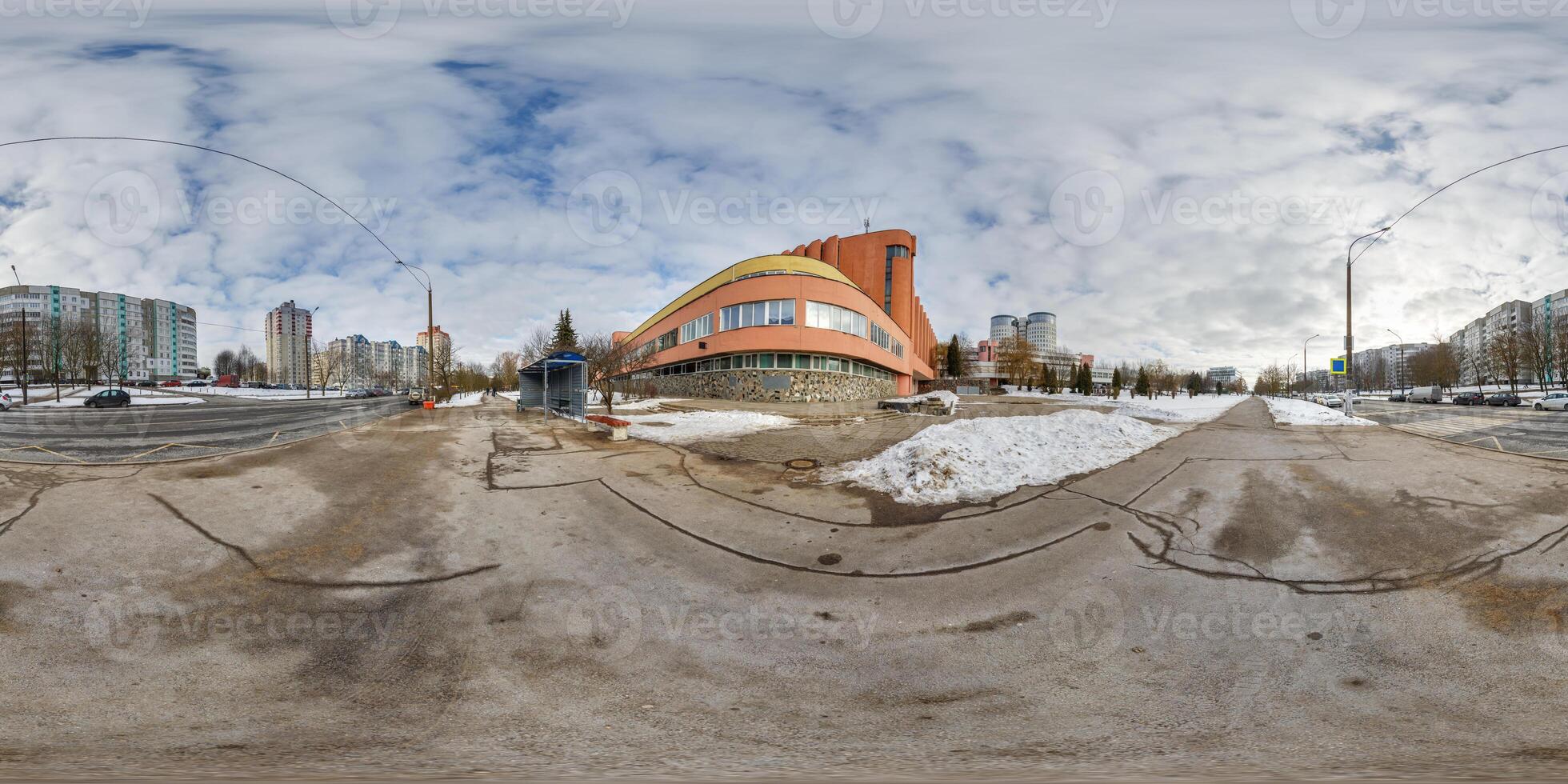winter hdri 360 panorama near old soviet brutalist building and urban development in equirectangular seamless spherical projection, AR VR content photo